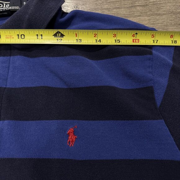 VTG Ralph Lauren Polo Shirt Mens Small Blue Navy Striped Red Pony Rugby Cotton - Picture 4 of 7